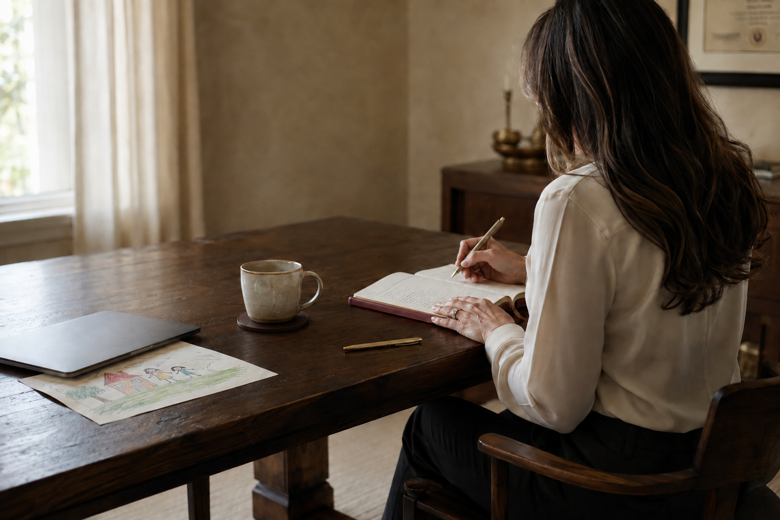 A woman with long dark hair seen from behind, writing in a red notebook with a gold pen at a dark wood table, a coffee mug, closed laptop, and a child's crayon drawing nearby, warm natural light