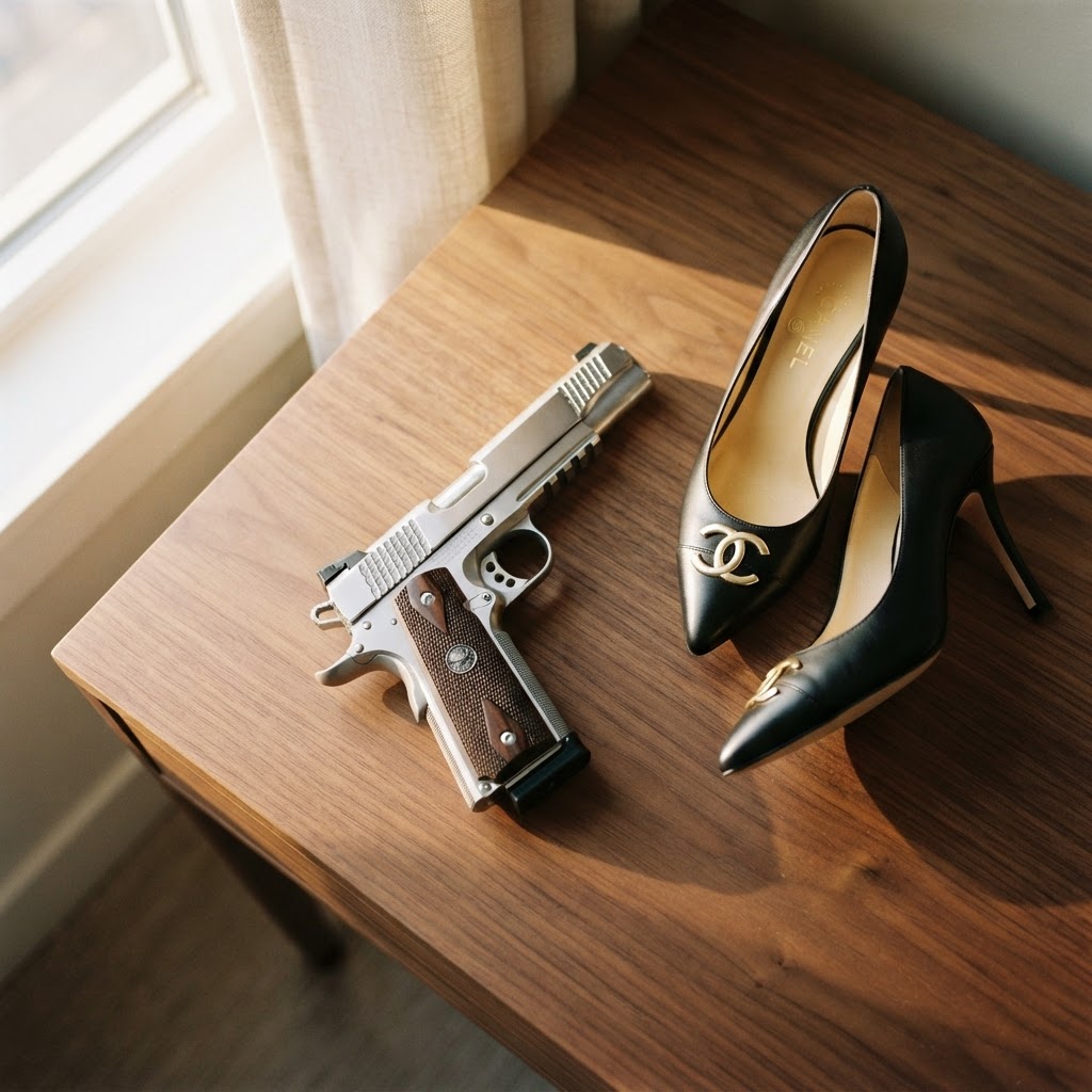 A flat-lay of a Nighthawk Custom Counselor pistol and Chanel heels on a walnut desk in morning sunlight