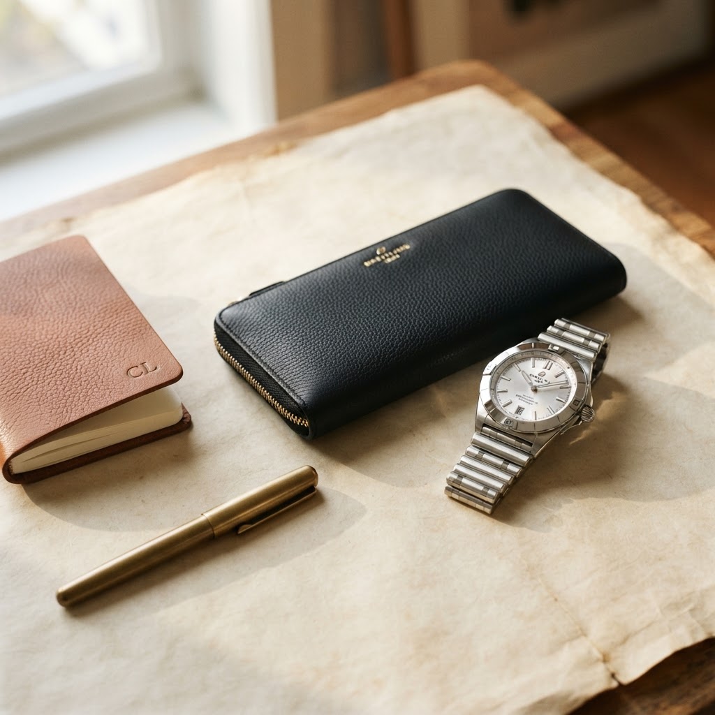 An elegant still life of timeless essentials — a black leather women's wallet, Breitling Chronomat Automatic 36 stainless steel watch, brass fountain pen, and leather journal on warm parchment