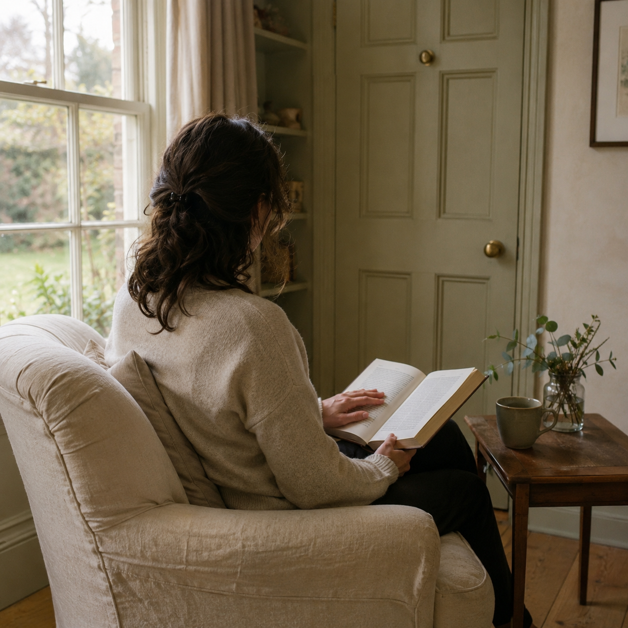 An elegant woman seen from behind, sitting quietly in a softly lit room by a window, a closed book in her lap and a steaming cup of tea beside her, warm golden morning light