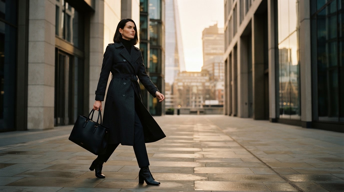 A professional woman in an elegant trench coat walking confidently through a city at golden hour