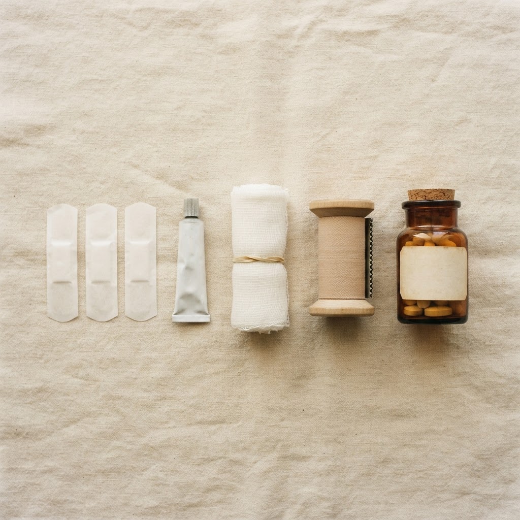 A simple first aid kit — bandages, ointment, gauze, tape, and pain reliever arranged on linen