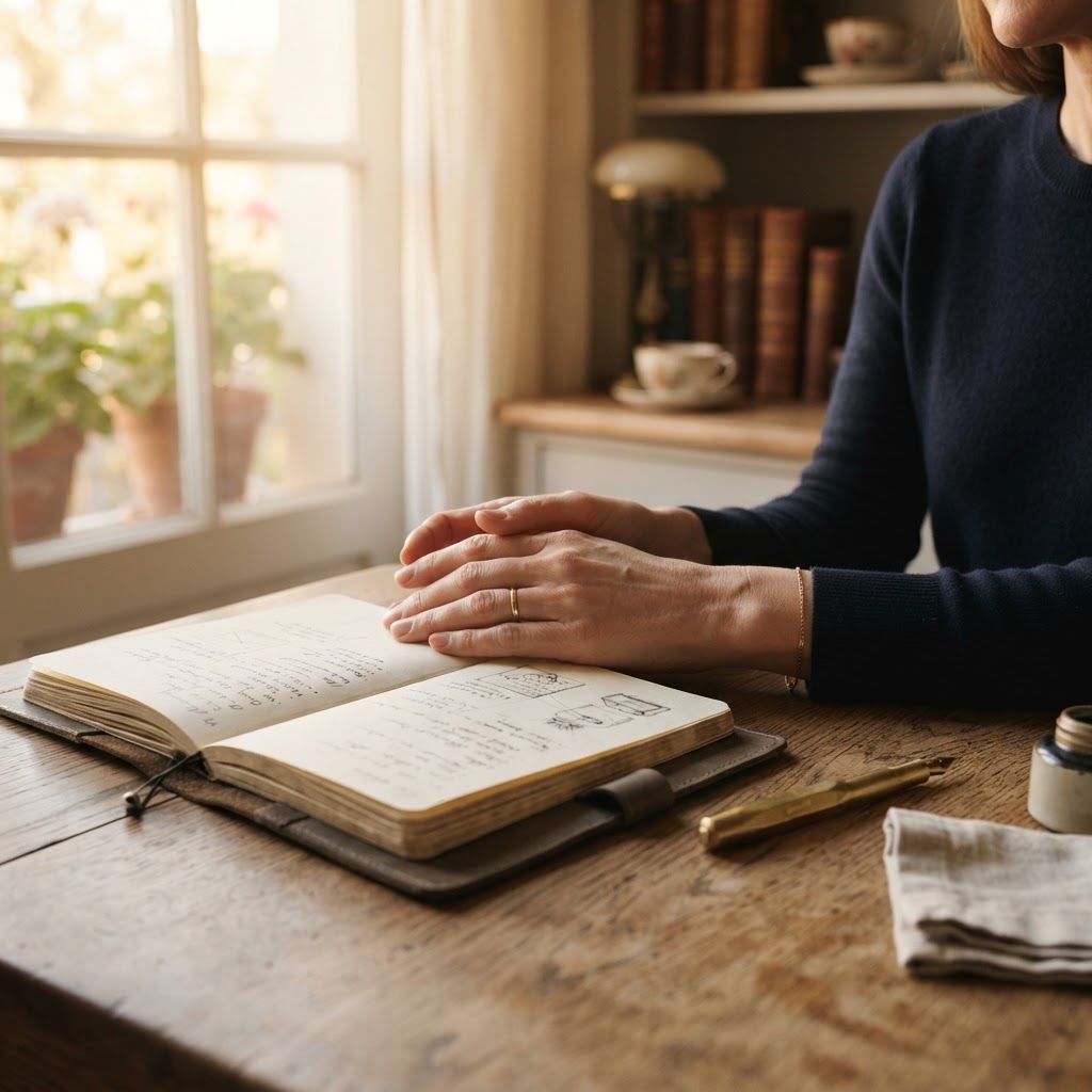 A woman's elegant hands resting calmly on a warm wooden table beside an open leather journal and brass fountain pen in soft golden morning light