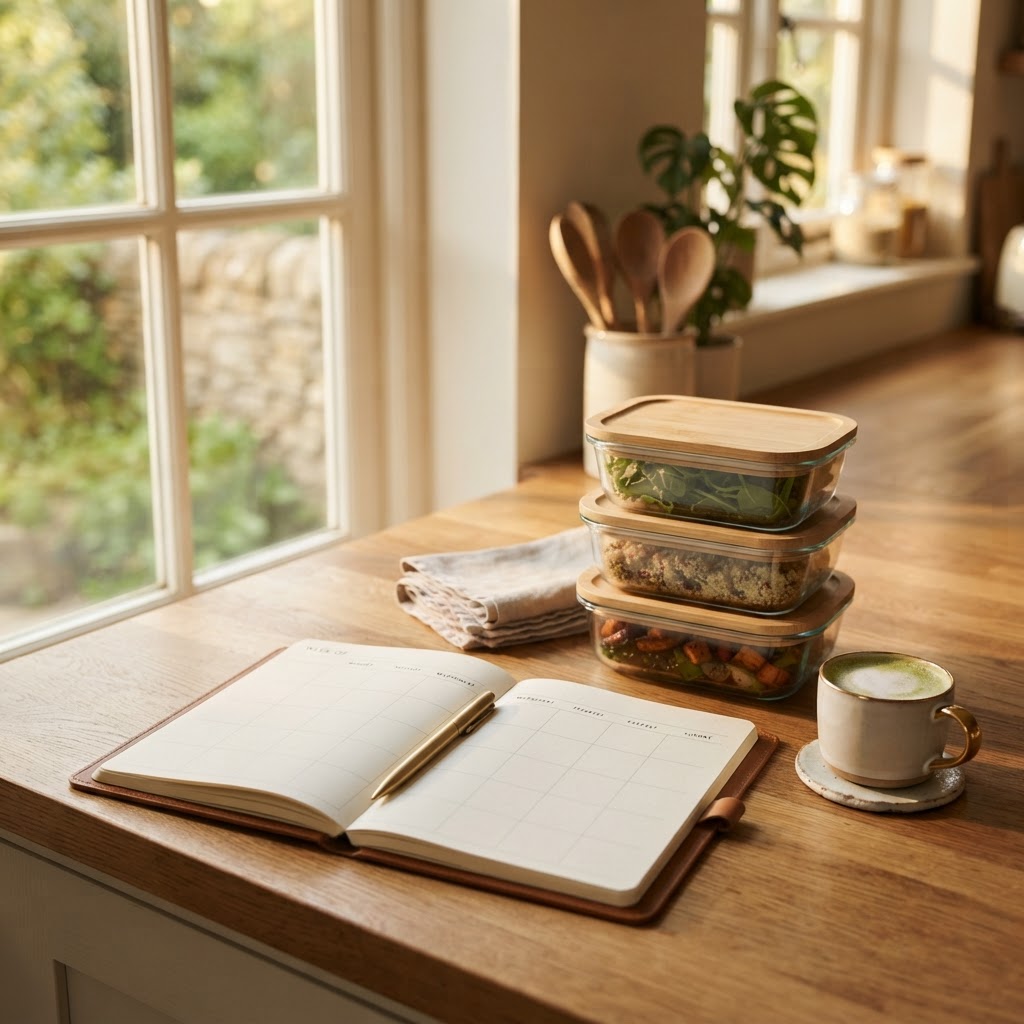An open weekly planner on a warm wooden kitchen counter beside neatly stacked glass meal-prep containers in soft golden morning light