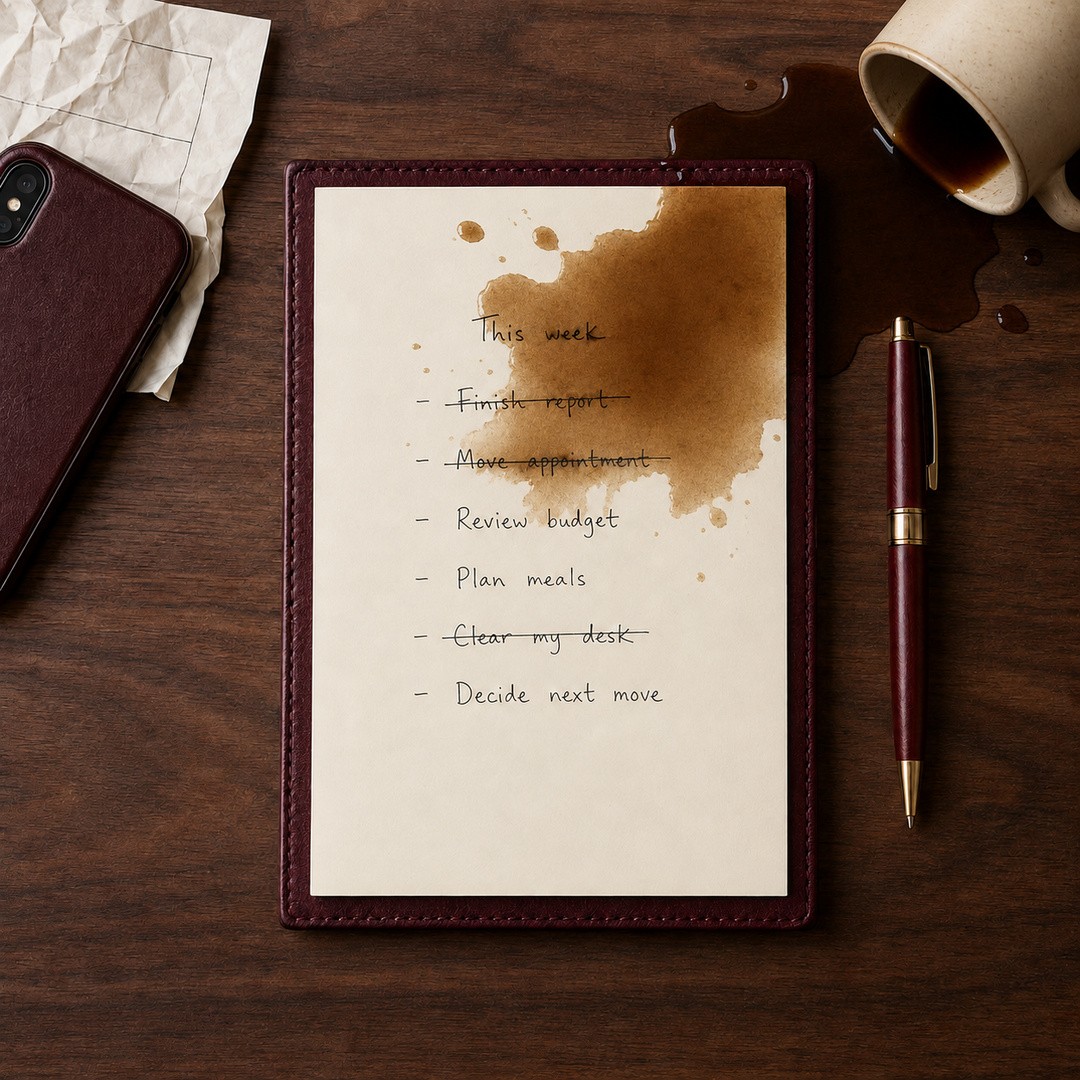 An open weekly planner on a warm wooden desk beside a cup of black tea and a brass fountain pen in soft golden morning light, evoking a quiet moment of resetting after a disrupted plan