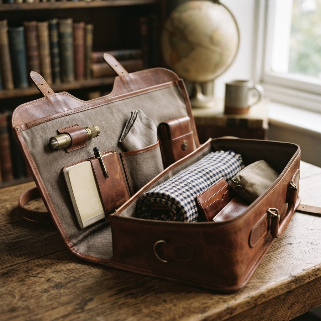 An organized leather bag interior with designated pockets for flashlight, notebook, and essentials