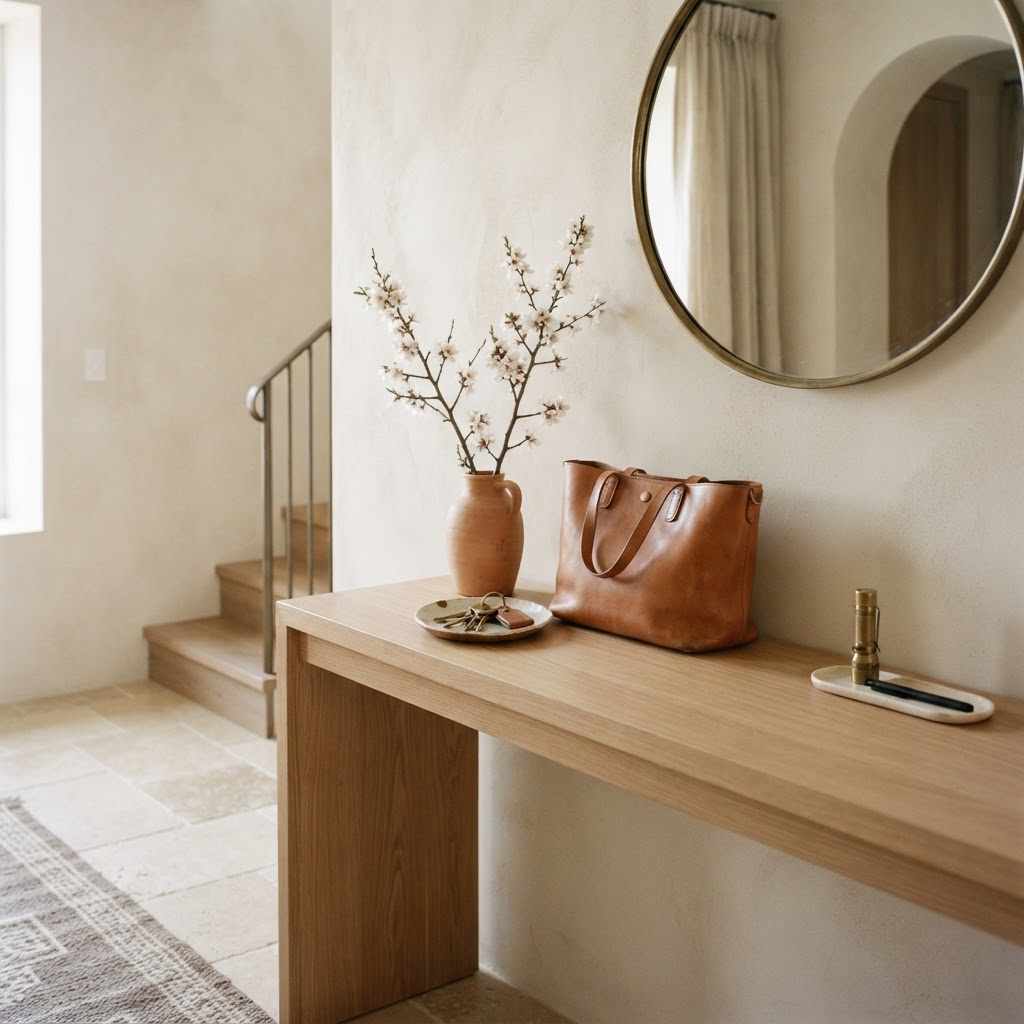 An elegant, minimalist entryway with keys in a ceramic dish, a leather bag, and everyday essentials neatly placed in warm natural light