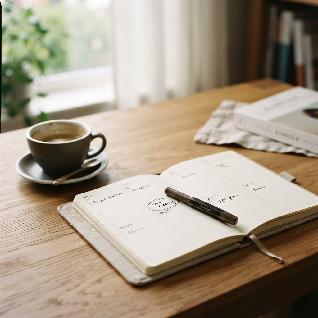An open monthly planner on a warm wooden desk showing a 9am meeting and an ROI plan task in sequential weekly dates