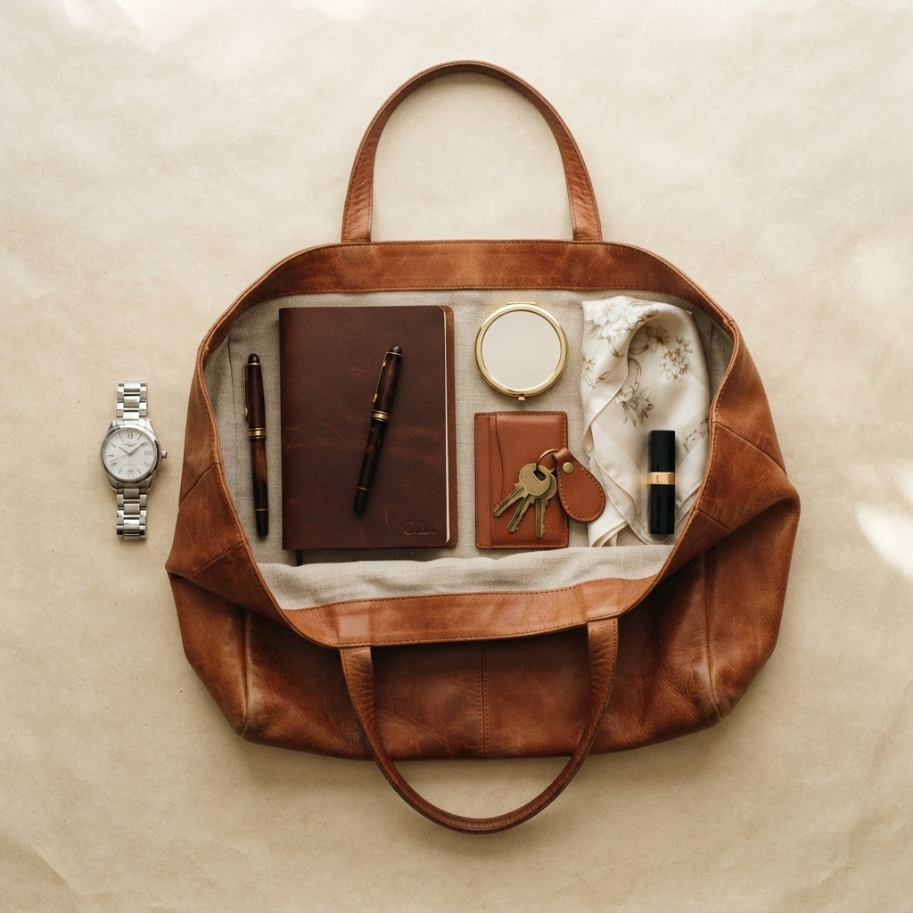 An open cognac leather tote bag revealing a curated system of everyday essentials on warm parchment