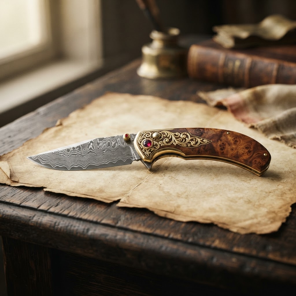 A William Henry luxury folding knife with Damascus steel blade and burl wood handle resting on warm parchment