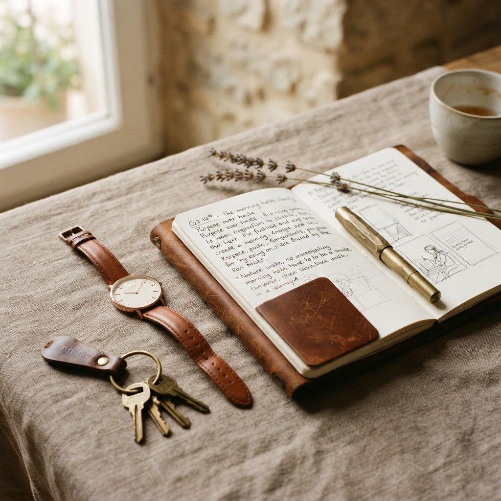 A curated still-life of everyday essentials on warm linen — a leather journal, brass pen, watch, and keys in soft morning light