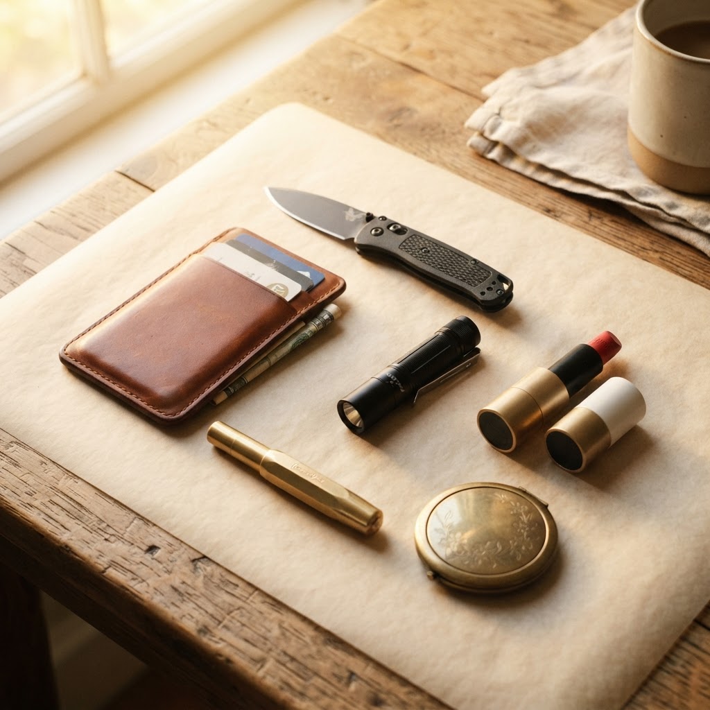 A flat-lay of an elegant woman's everyday carry essentials — leather card holder, compact folding knife, small flashlight, lipstick, brass fountain pen, and compact mirror arranged on warm parchment in soft golden morning light