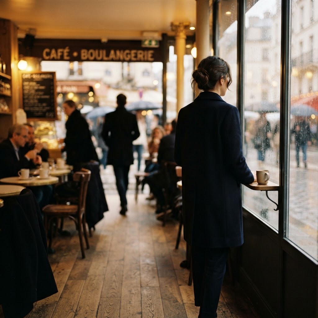 An elegant woman seen from behind, standing quietly in a softly lit space, gazing out a rain-streaked window while faintly blurred figures move through the space around her