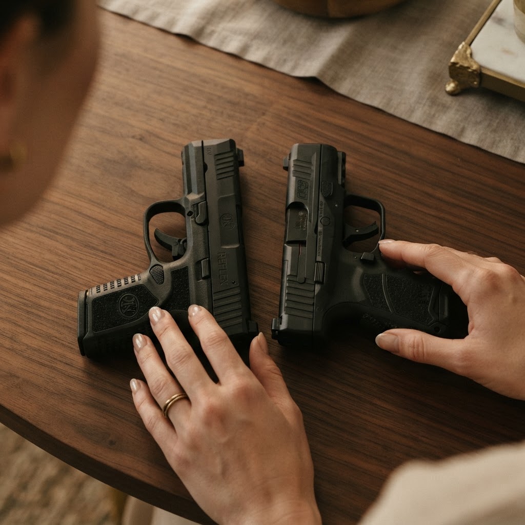 Two all-black micro-compact 9mm pistols — an FN Reflex and an all-black HK CC9 — laid side by side on a dark wood table, being compared by a woman's elegant hands in warm golden light