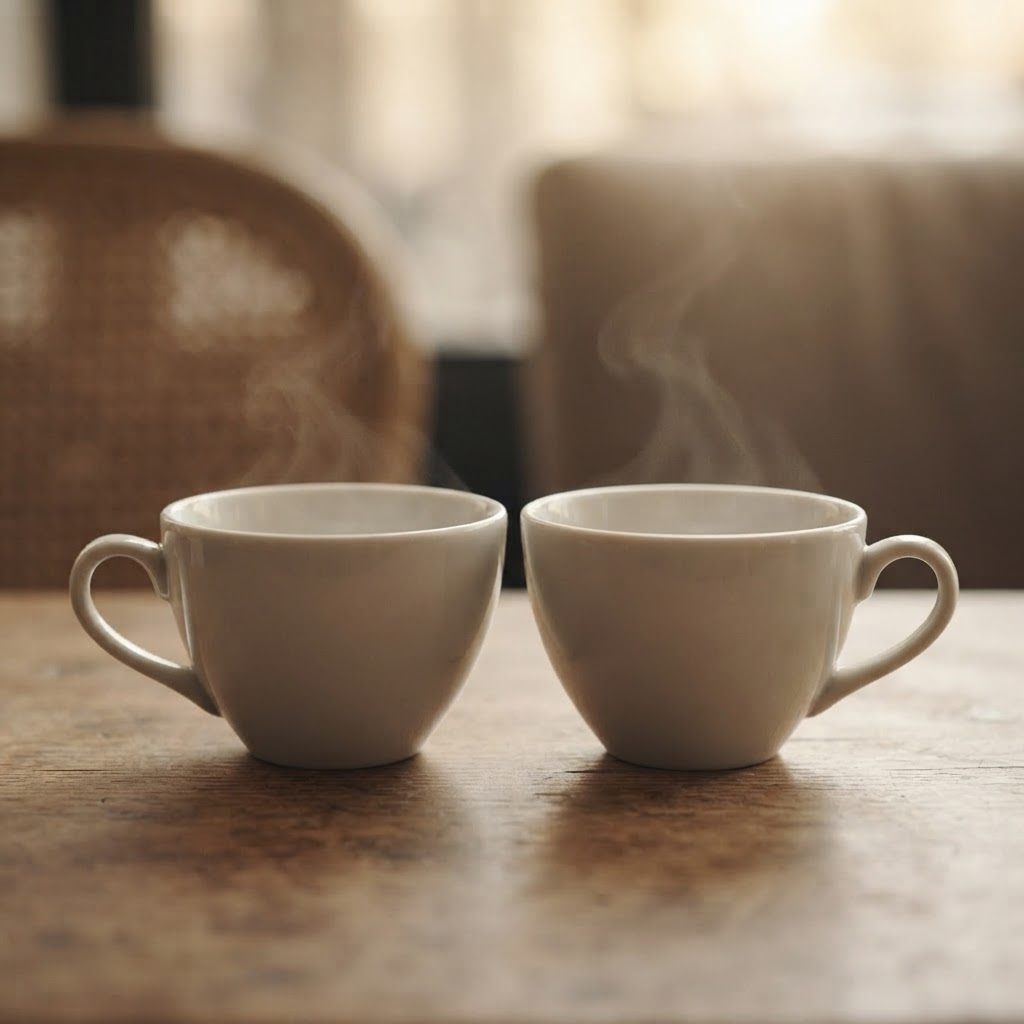 Two elegant steaming porcelain teacups facing each other on a warm wooden cafe table, two chairs softly blurred behind, evoking an intimate conversation in soft golden morning light