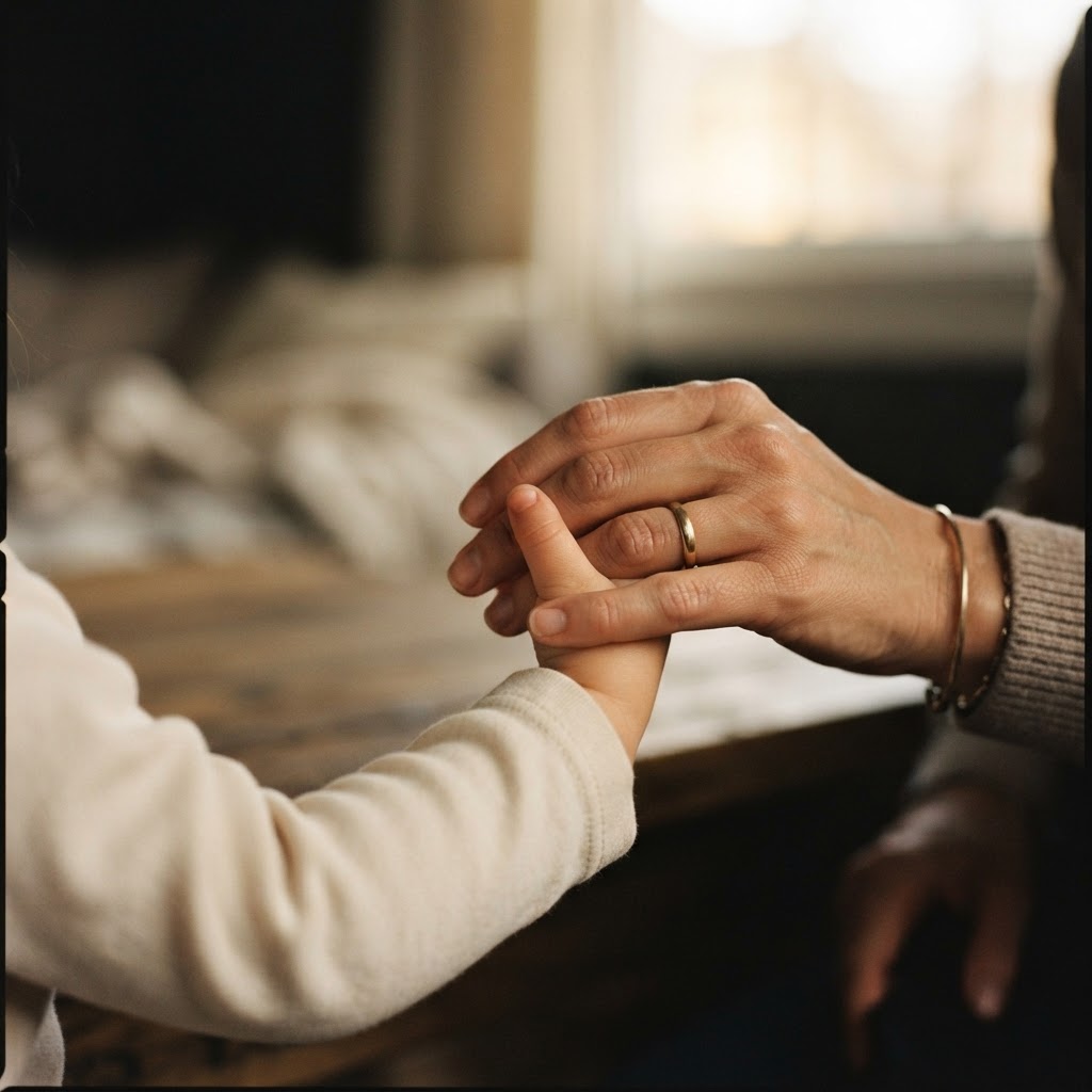 A mother's hand gently holding her young daughter's hand in soft golden morning light