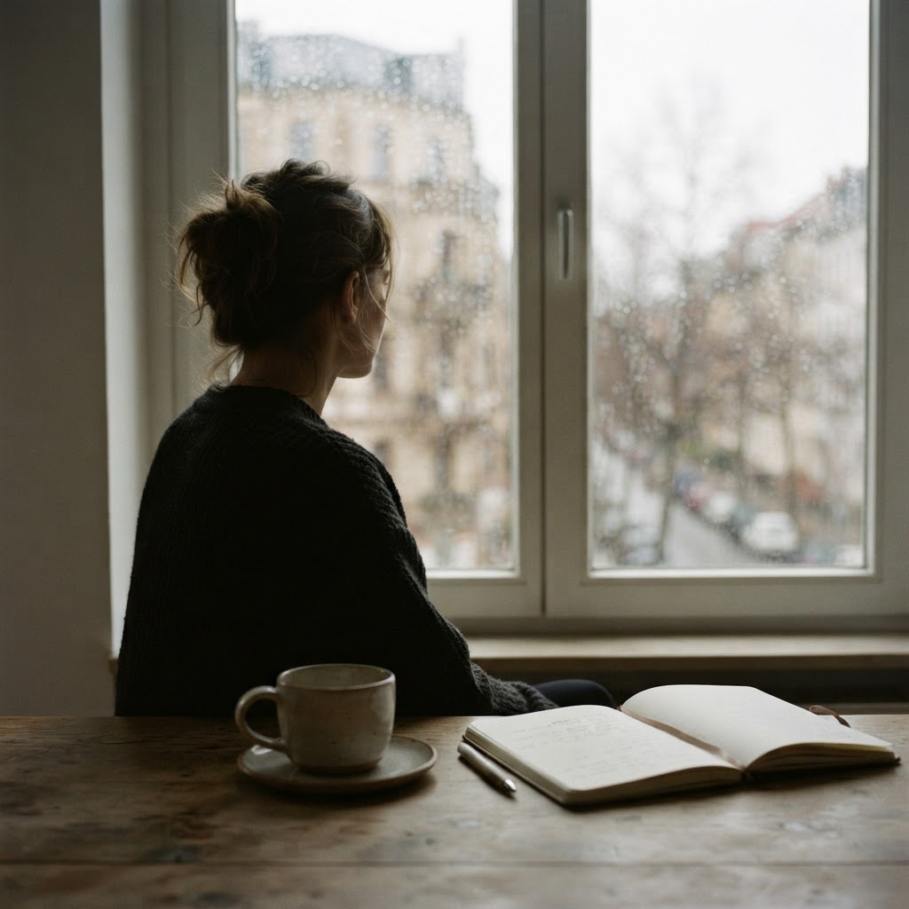 A woman seen from behind, gazing quietly out a rain-streaked window in soft morning light