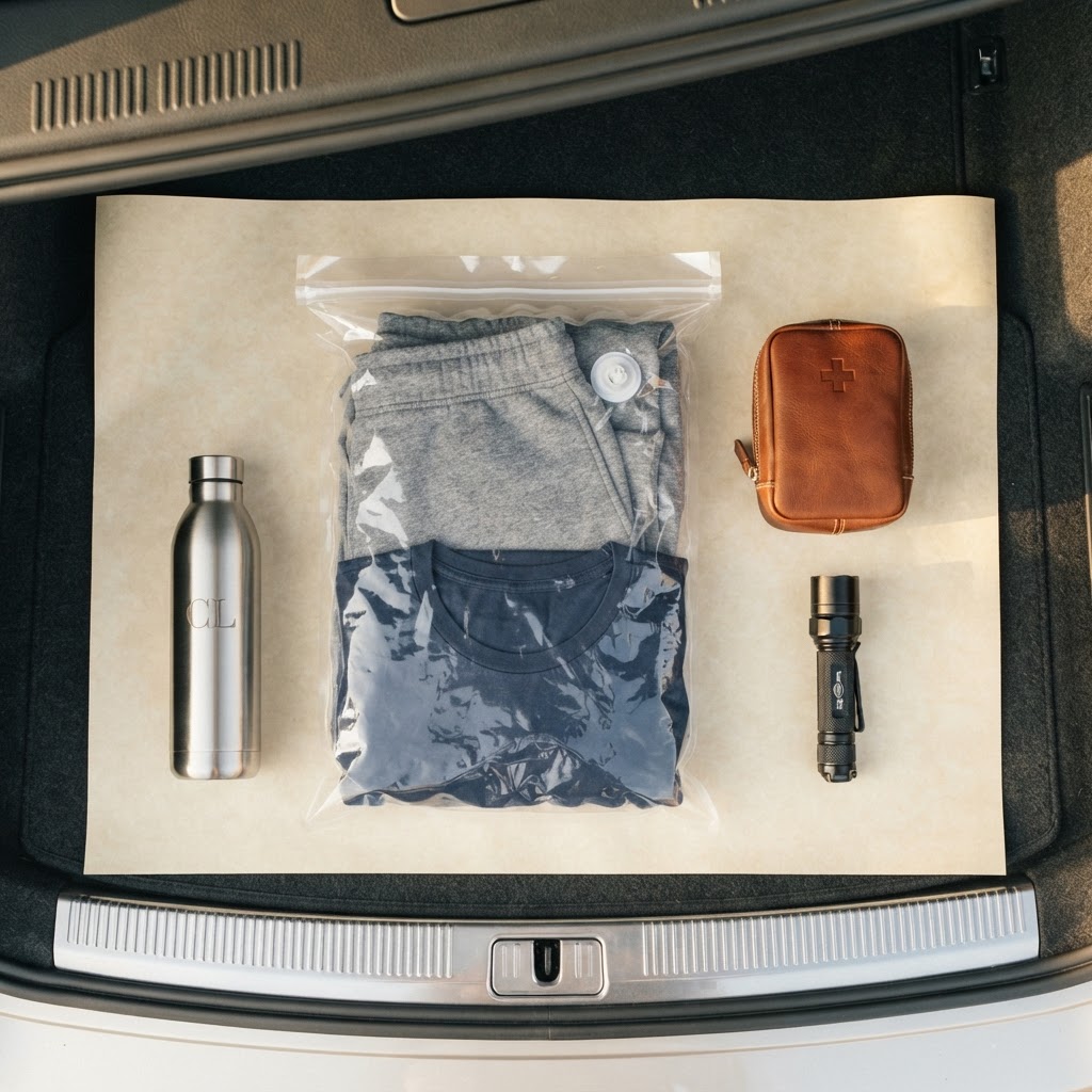A neatly organized car trunk with vacuum-sealed clothes, a small first aid pouch, flashlight, and water bottle on warm parchment