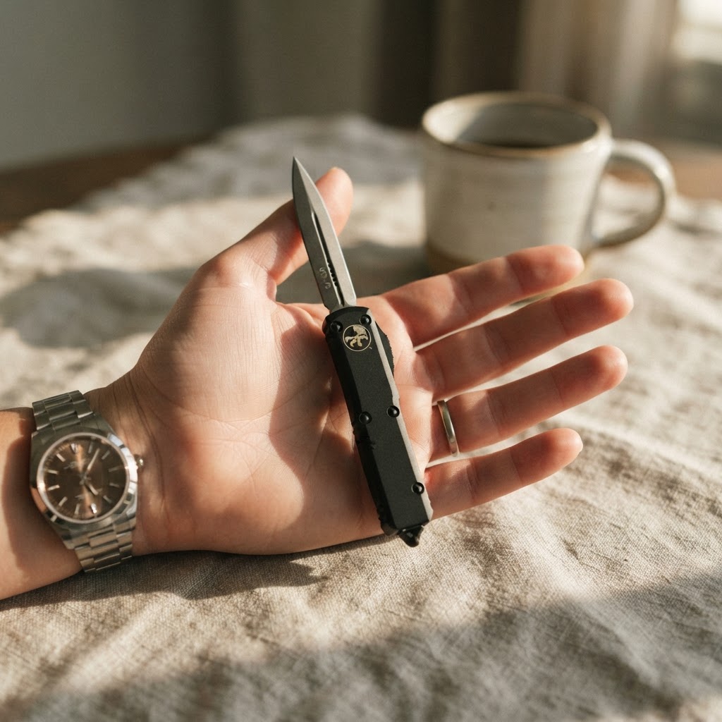 A compact Microtech UTX-70 out-the-front knife deployed on a warm dark wood table beside a woman's elegant hand in golden morning light