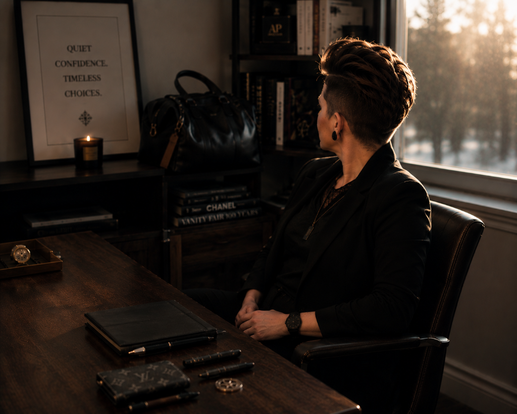 Founder portrait — a woman at a dark wooden desk in a warm, candlelit study, looking toward the window