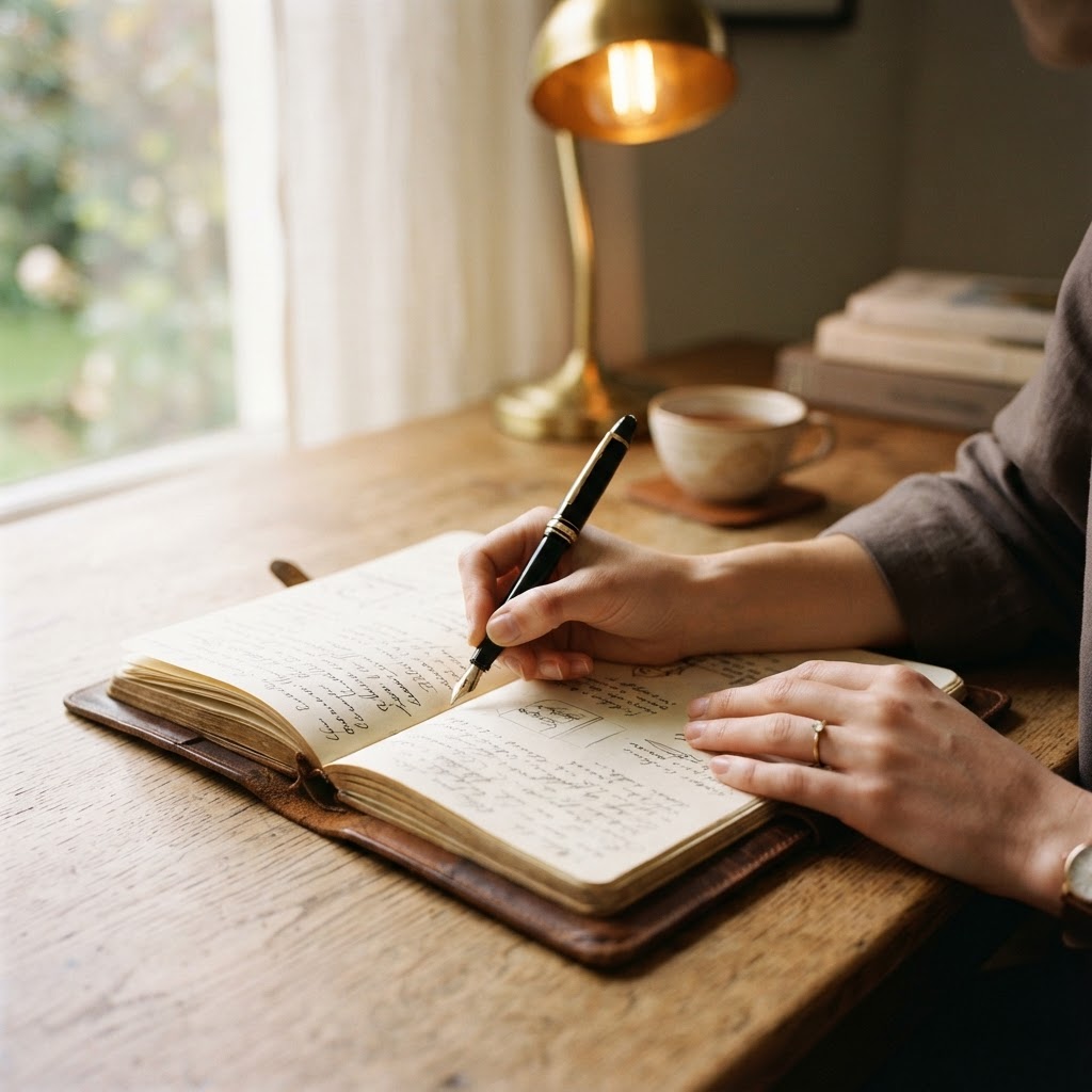 A woman's hand holding a fountain pen, writing thoughtfully in an open leather journal on warm parchment in soft golden morning light