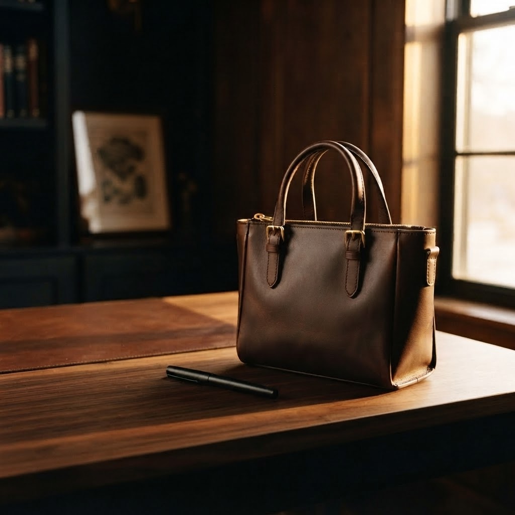 A small leather tote bag sitting on a dark wood desk in warm golden light, with a pen beside it