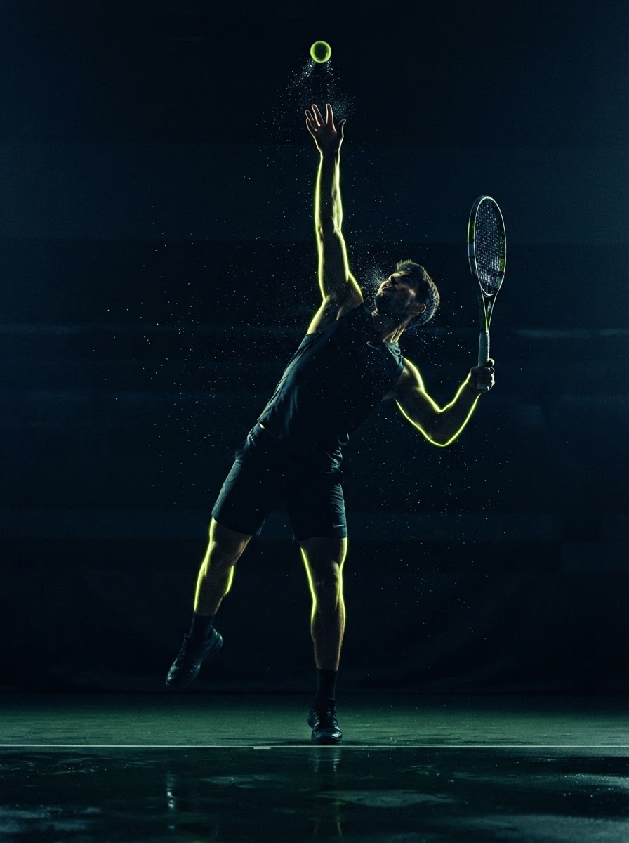 Tennis player serving with dramatic lighting