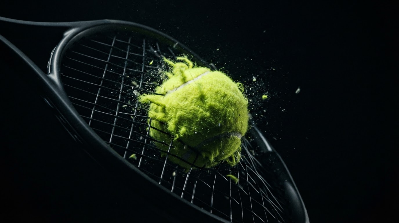 Tennis ball impacting racquet strings