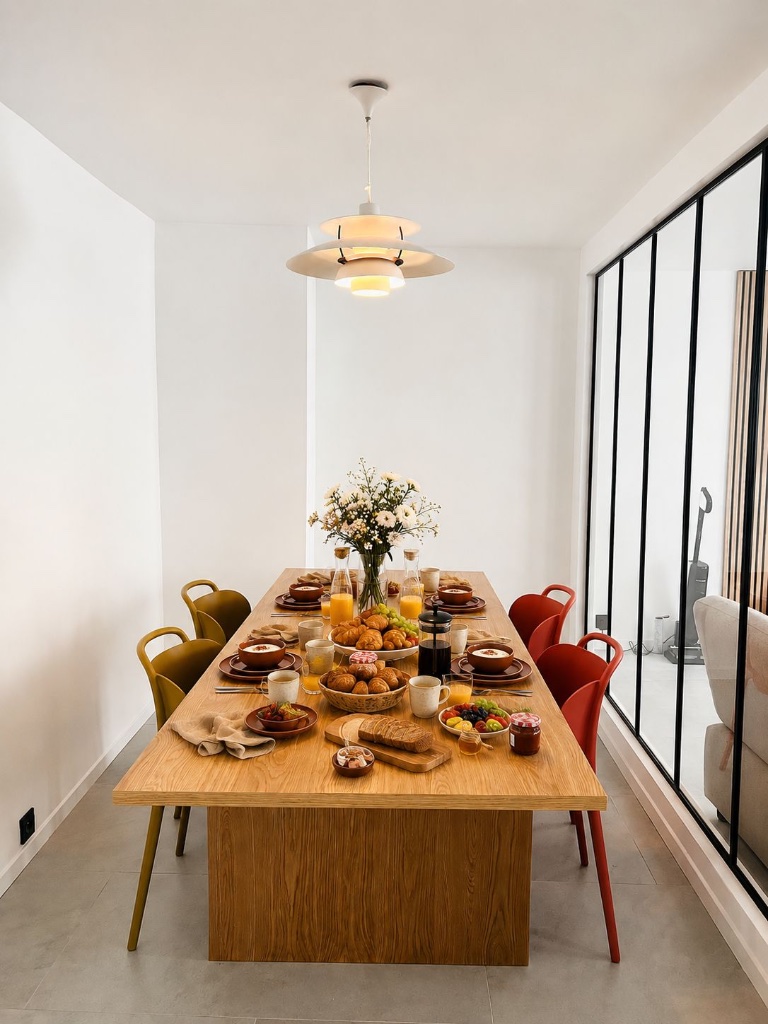 Salle à manger dressée avec table en chêne