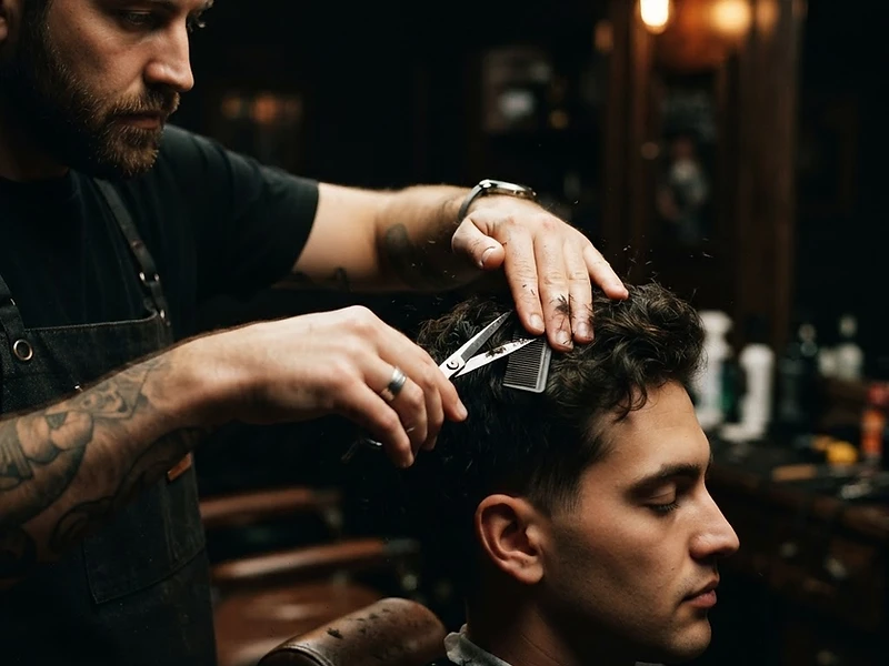 Barbero realizando un corte de pelo, lavado y peinado a un cliente en Why Not Barbershop de Barcelona