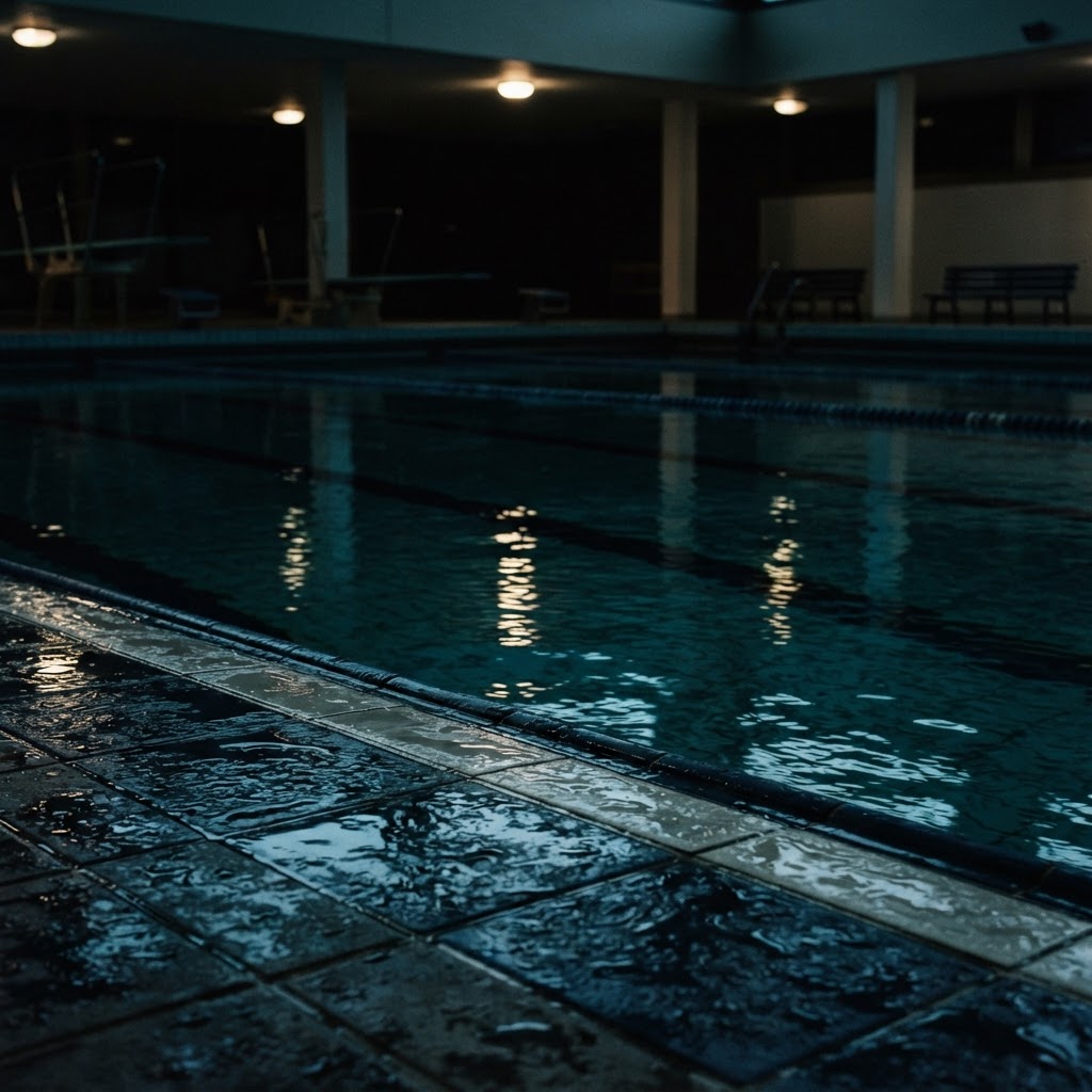 Swimming pool at twilight with ominous calm water