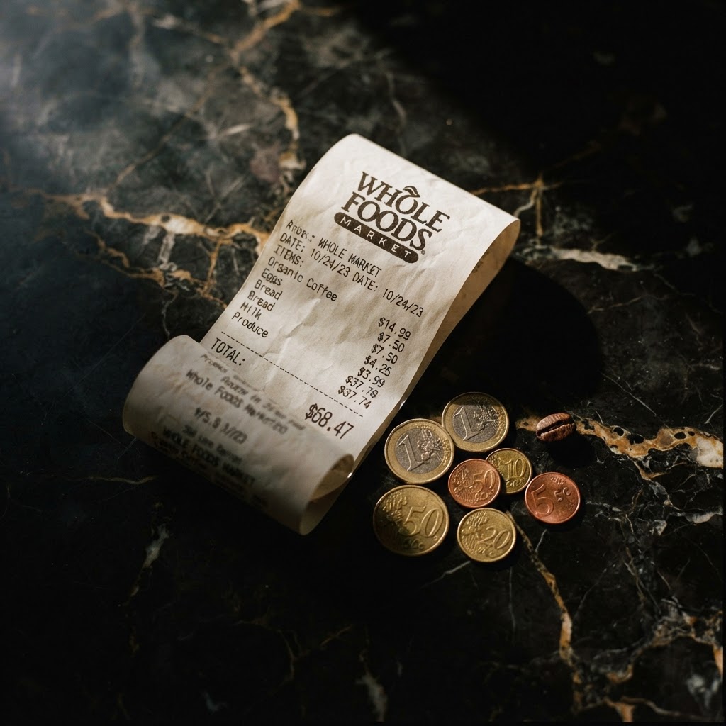Grocery receipt and coins on dark marble surface