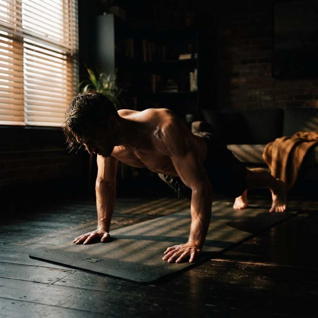 Man doing push-ups on a yoga mat in dim morning light