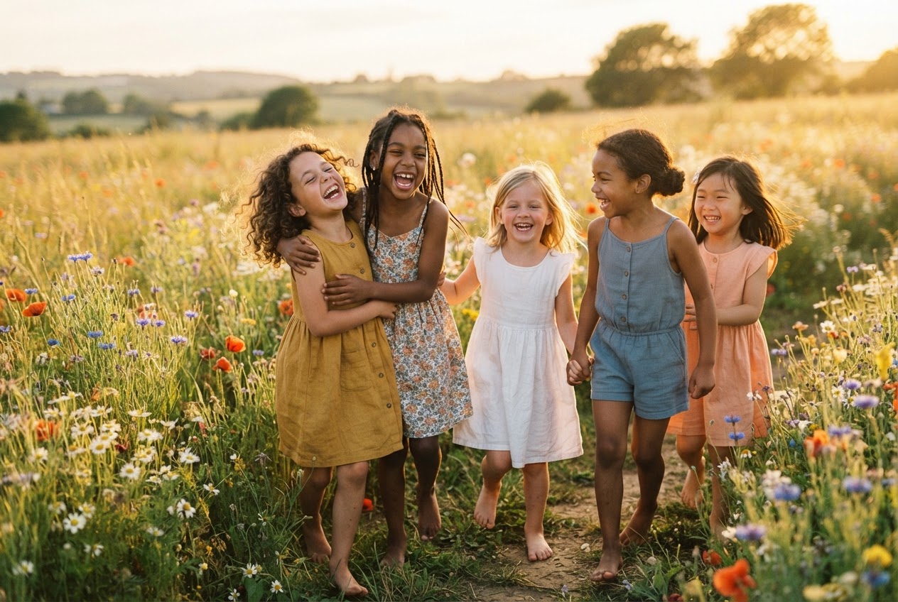 Diverse girls laughing joyfully in a sunlit meadow