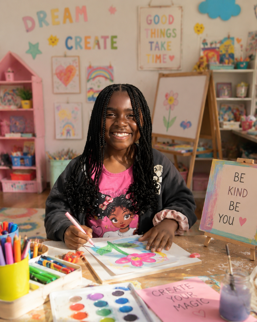 Harlyn at her art desk, coloring a flower drawing