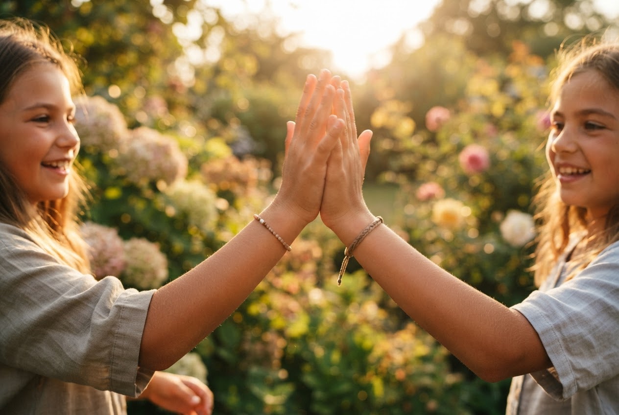 Two girls high-fiving in a sunlit garden