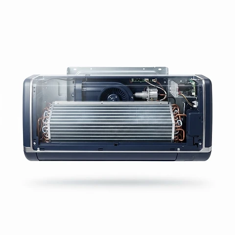 Open wall-mounted indoor mini-split heat pump unit with front cover removed, showing clean internal evaporator coils