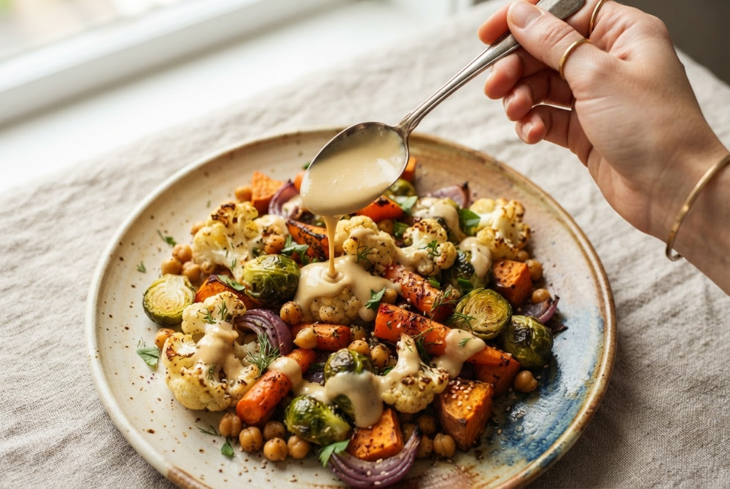Tahini gravy sobre vegetales asados