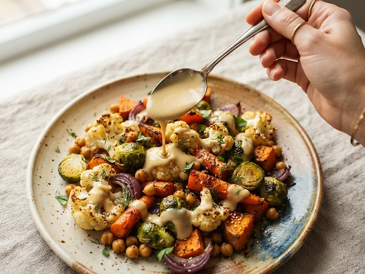 Tahini gravy sobre vegetales asados