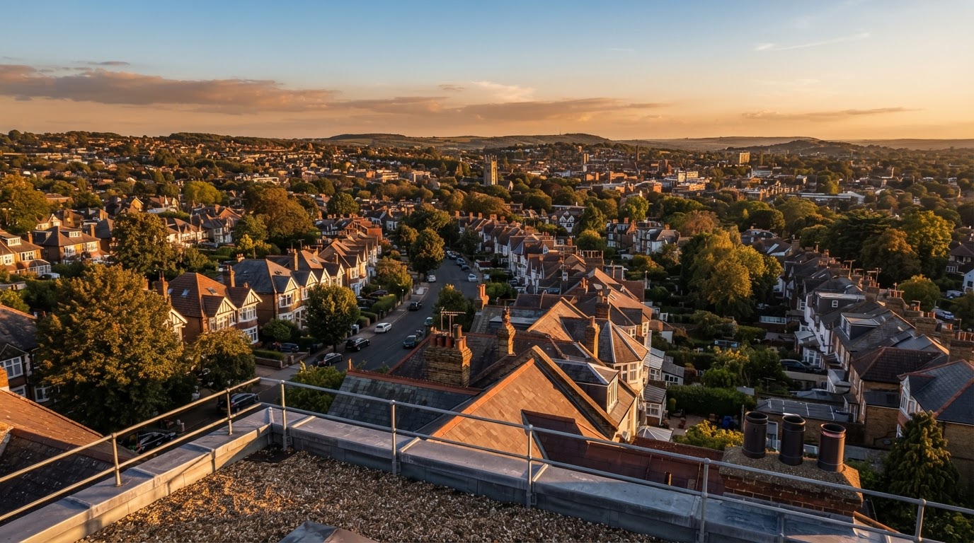 Redhill neighborhood from rooftop perspective at golden hour
