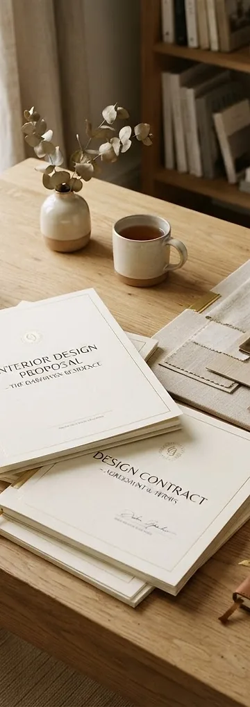 Interior design proposal documents and contract on a warm wooden desk by Studio Fridae