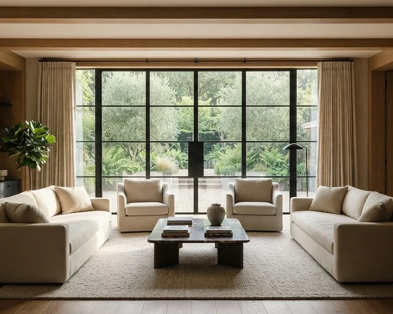 Minimalist luxury interior with warm wood paneling and natural light