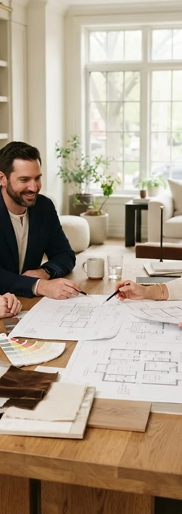 Studio Fridae designer consulting with clients at a wooden table, reviewing plans and material samples