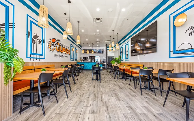 Mariscos El Güero — full-room perspective showing bench seating, woven pendant lights — hospitality interior design in San Bernardino, CA by Studio Fridae