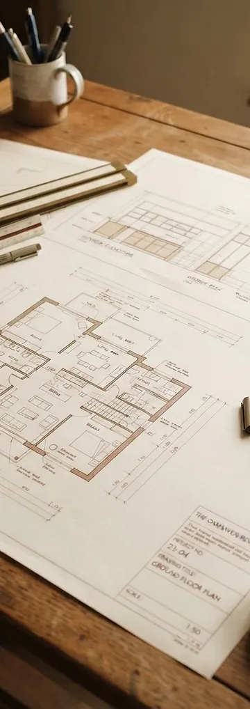 Architectural floor plans and interior elevation drawings on a drafting table by Studio Fridae