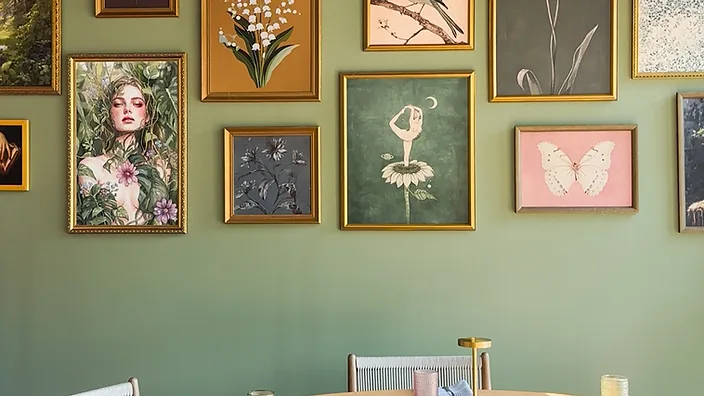 Flora dining room with botanical gallery wall, round oak table, and hanging greenery — hospitality interior design in Charlotte, NC by Studio Fridae
