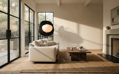 Living room with floor-to-ceiling oak millwork — residential interior design in Newport Beach, CA by Studio Fridae