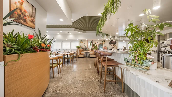 Bandoleros Cafe bar and dining area in Cypress, CA with marble counter, trailing greenery canopy, and desert art prints — restaurant interior design ideas by STUDIO FRIDAE