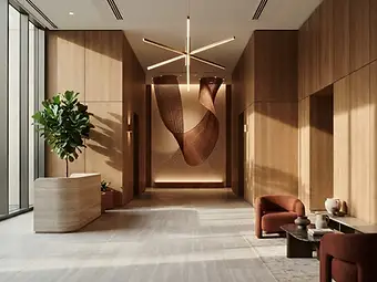 Commercial interior design by Studio Fridae — The Hollow Lobby in Los Angeles, CA with warm wood paneling, minimalist seating, and natural light