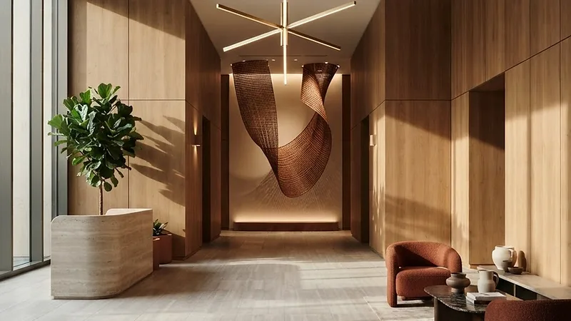 Commercial interior design by Studio Fridae — The Hollow Lobby in Los Angeles, CA with warm wood paneling, minimalist seating, and natural light